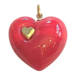 Art Glass Puffy Heart Necklace Pendant Red Gold Artisan Made